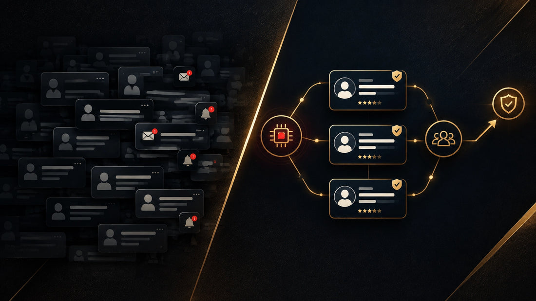 Premium comparison graphic showing a traditional job board funnel beside an organized AI recruiting system for licensed insur
